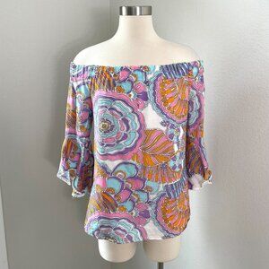 Trina Turk Womens Small Healdsburg Off The Shoulder Top Pom Pom Trim Shirt